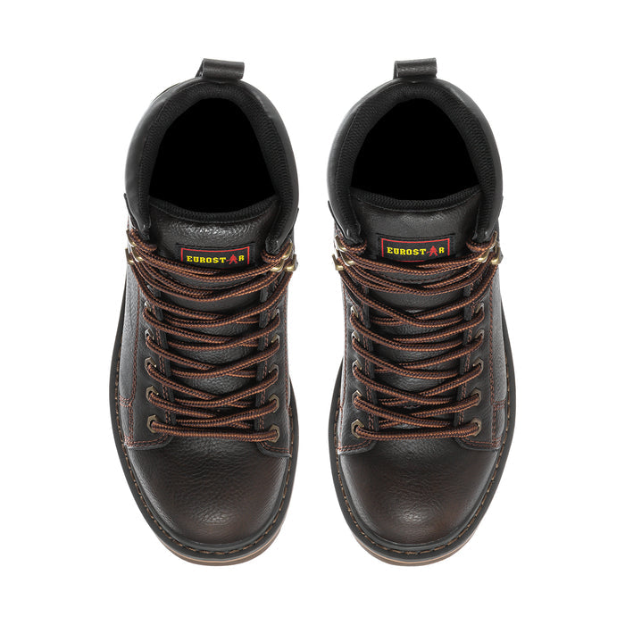 Men's steel toe work boot front view with lace-up eyelets and dark lining interior