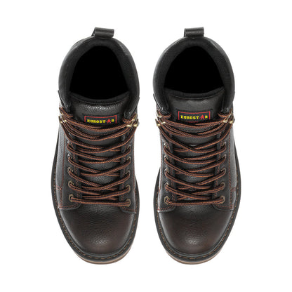 Men's steel toe work boot front view with lace-up eyelets and dark lining interior
