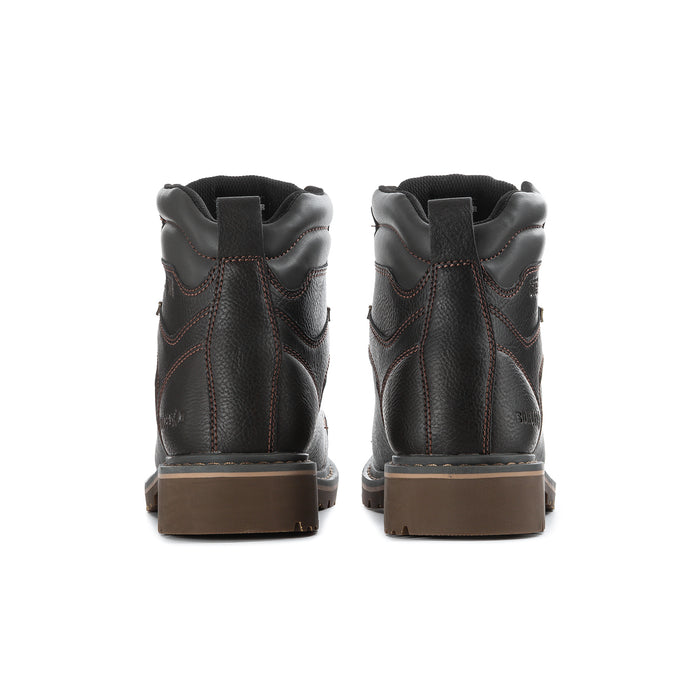 Men's steel toe work boot heel and back view with cushioned collar and brown outsole