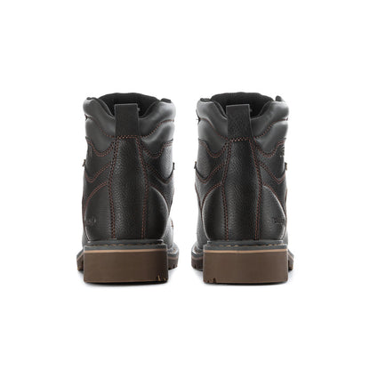 Men's steel toe work boot heel and back view with cushioned collar and brown outsole