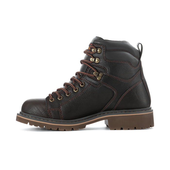 Men's steel toe work boot side view with lace-up hardware and dark brown leather upper