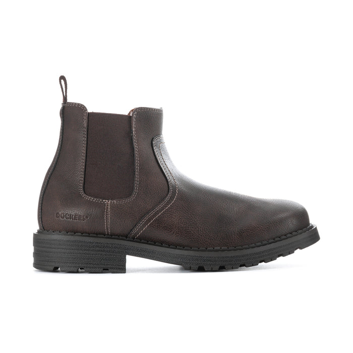 Men's dark brown leather chelsea boot with elastic side panels and pull tab, rugged sole