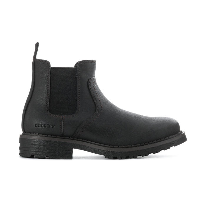 Men's black Chelsea boots with elastic side panels and rugged tread sole