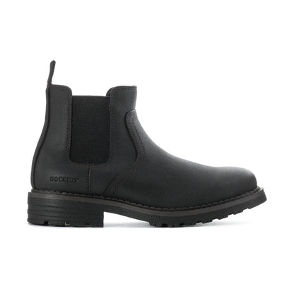 Men's black Chelsea boots with elastic side panels and rugged tread sole