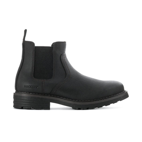 Men's black Chelsea boots with elastic side panels and rugged tread sole