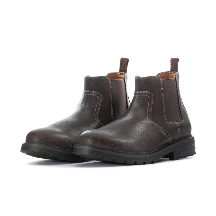 Men's dark brown chelsea boots, elastic side gores, pull tabs, and grippy rubber sole