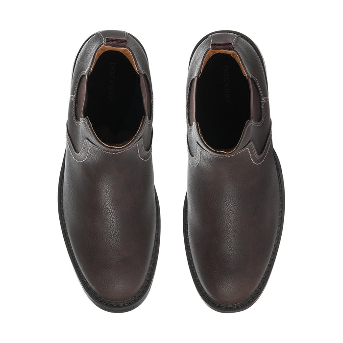 Men's dark brown chelsea boots with elastic goring and dark interior lining, rounded toe