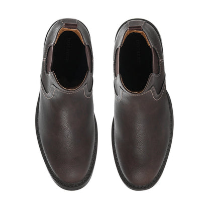 Men's dark brown chelsea boots with elastic goring and dark interior lining, rounded toe