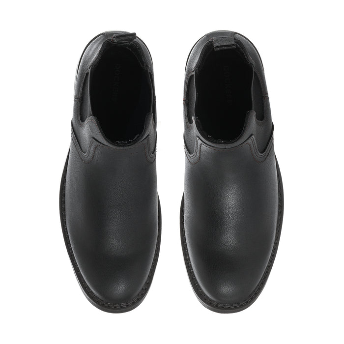 Men's black Chelsea boots front view with round toe and elastic side openings