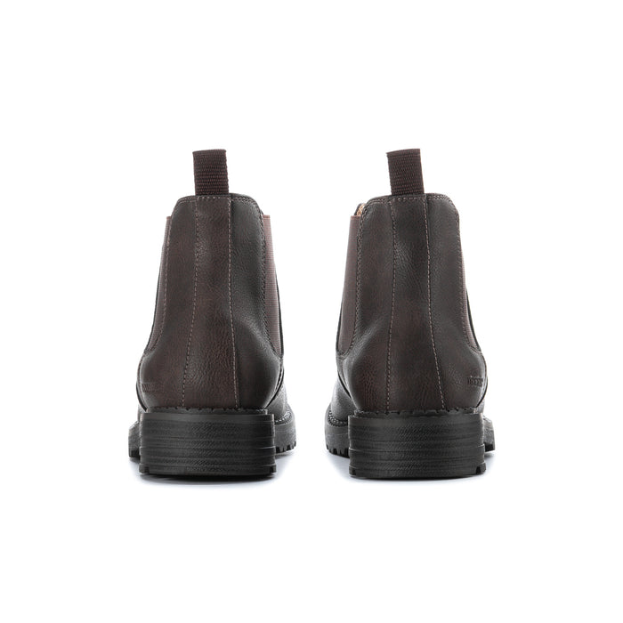 Men's dark brown chelsea boots showing heel and elastic back panels with cushioned sole