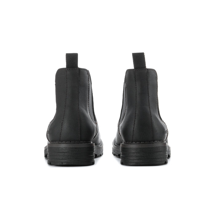 Men's black Chelsea boots back view with stacked heel and pull tab