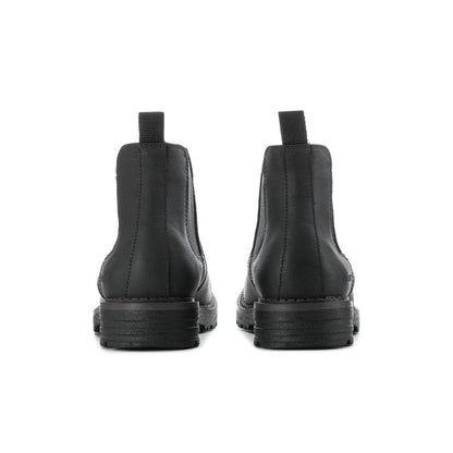 Men's black Chelsea boots back view with stacked heel and pull tab