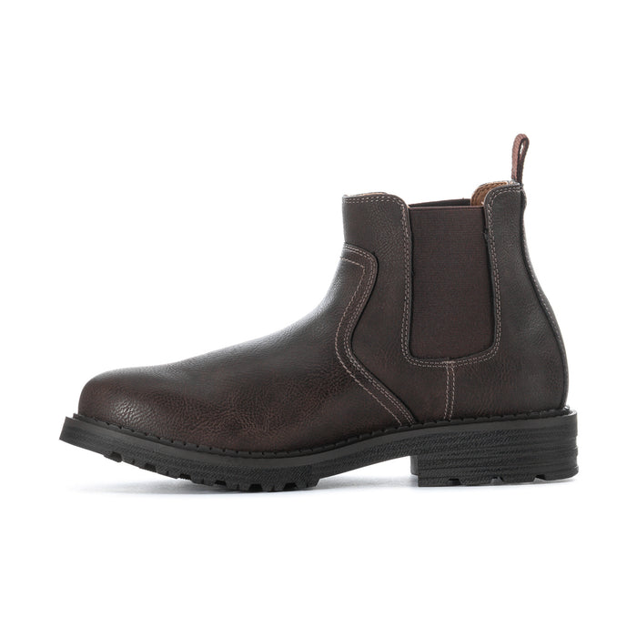 Men's dark brown leather chelsea boot with stitched elastic gore and pull loop detail
