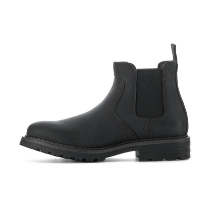 Men's black Chelsea boots side profile with elastic gore and textured outsole