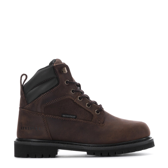 Men's waterproof work boot, dark brown suede with black ankle panel and lug sole