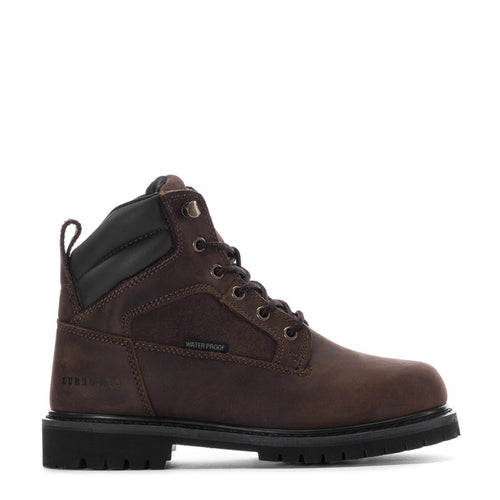 Men's waterproof work boot, dark brown suede with black ankle panel and lug sole