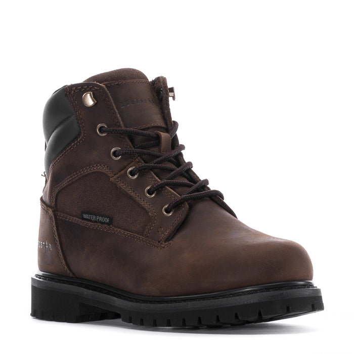 Men's waterproof work boot, dark brown leather with lace-up front, padded tongue, black sole
