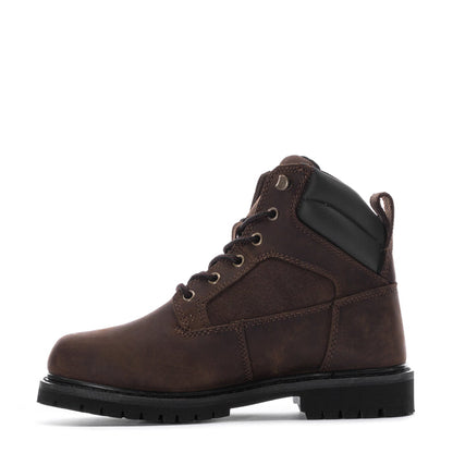 Men's waterproof work boot, dark brown lace-up with padded collar and rugged tread sole