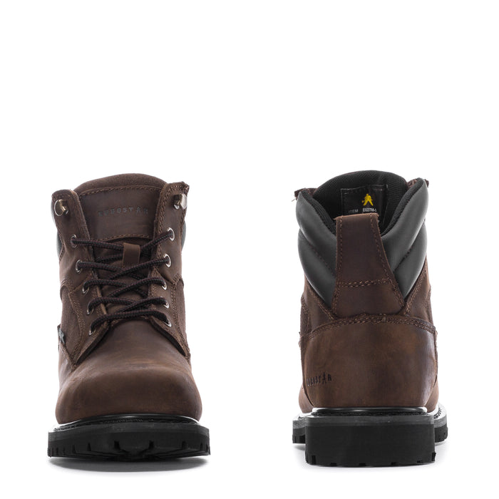 Men's waterproof work boot, dark brown; front and heel views with black lug tread sole