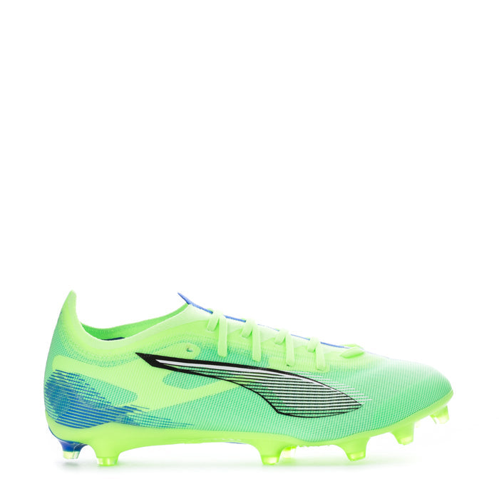 Men's lime green FG/AG soccer cleats with blue graphic, lace-up, black side logo.