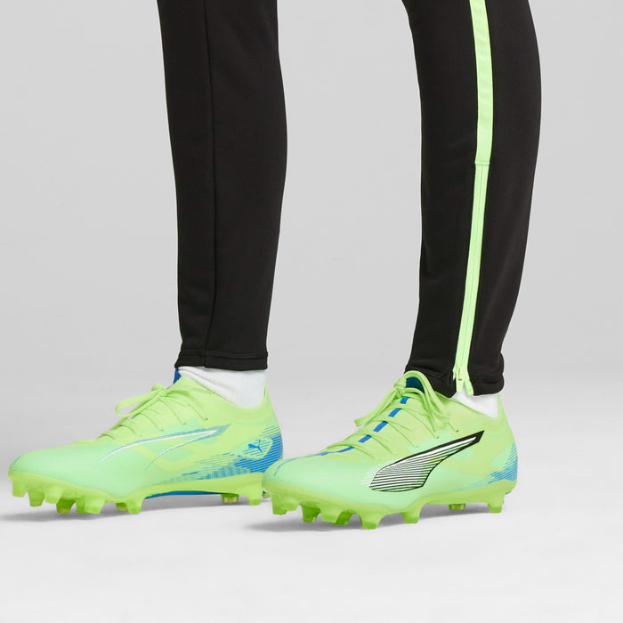 Men's lime green FG/AG soccer cleats with blue laces, black side stripe, molded studs.