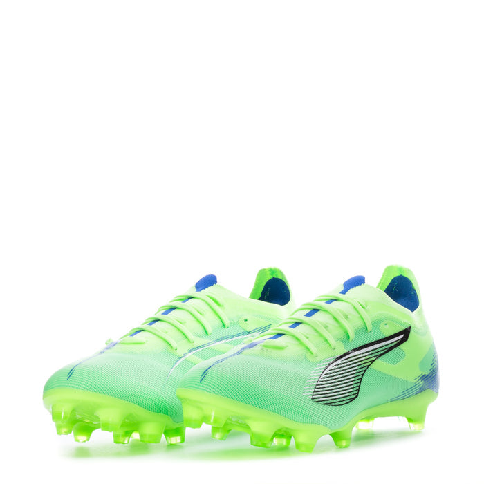 Men's lime green FG/AG soccer cleats with blue laces and black side logo, textured upper.