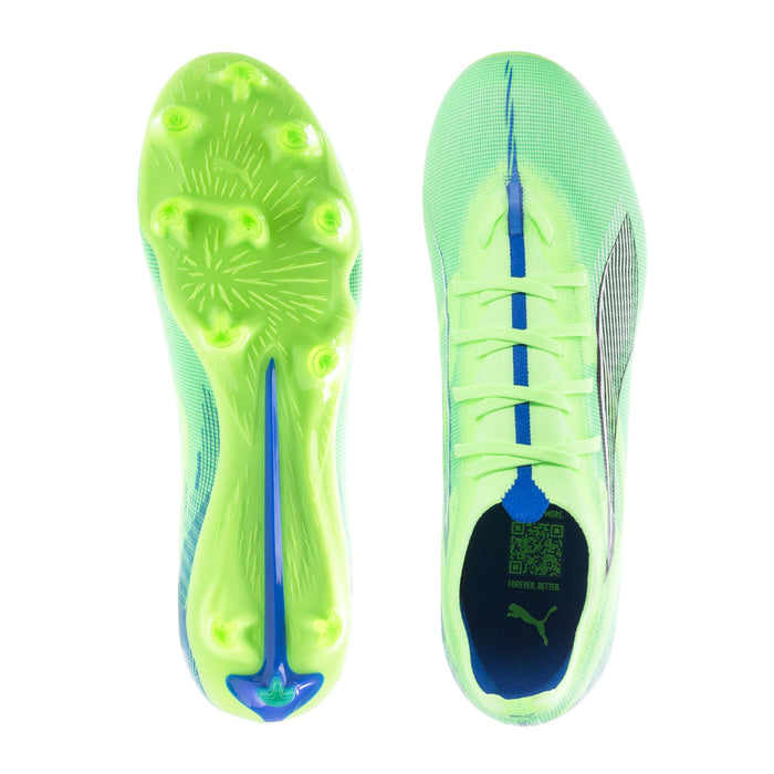 Pair of lime green FG/AG cleat soles with blue heel stripe and stud pattern.