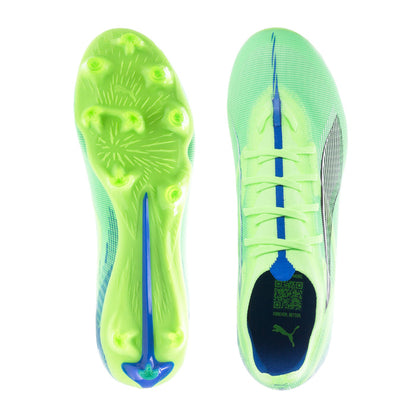 Pair of lime green FG/AG cleat soles with blue heel stripe and stud pattern.