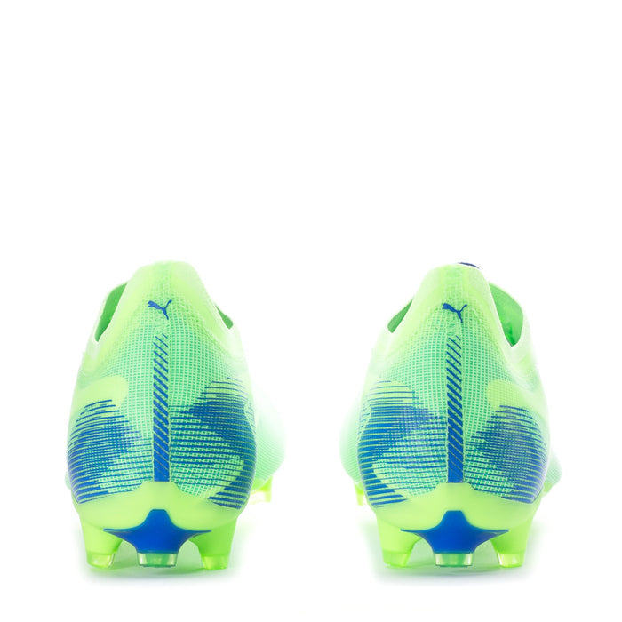 Back view of men's lime green FG/AG soccer cleats with blue heel detail, molded studs.