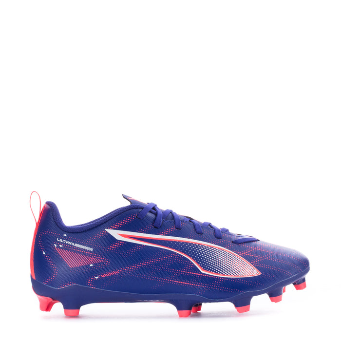 Youth soccer cleats, blue with coral laces and PUMA logo, FG/AG studs.