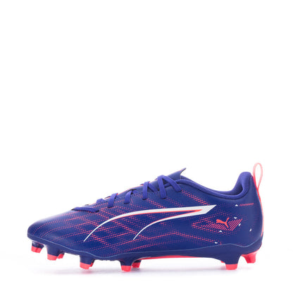 Youth soccer cleats side view, blue upper with coral accents, FG/AG outsole.