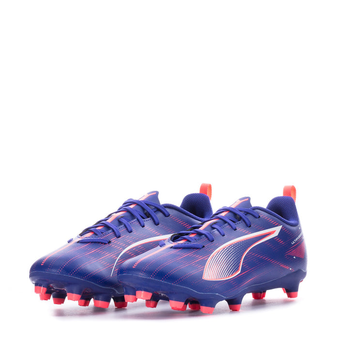Youth soccer cleats front view, blue upper with coral and white stripes, FG/AG studs.