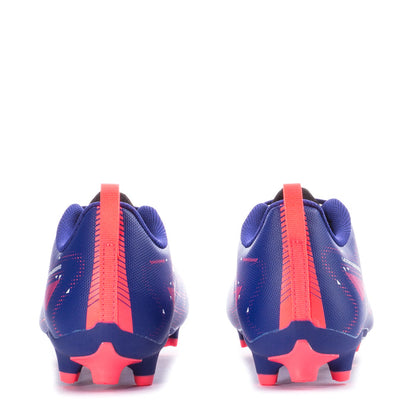 Youth soccer cleats heel view, blue upper with coral heel strap and FG/AG studs.