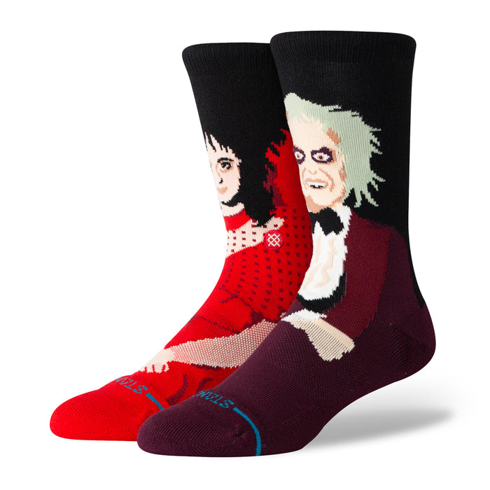 Unisex crew socks with graphic portrait faces, red and dark maroon colorways