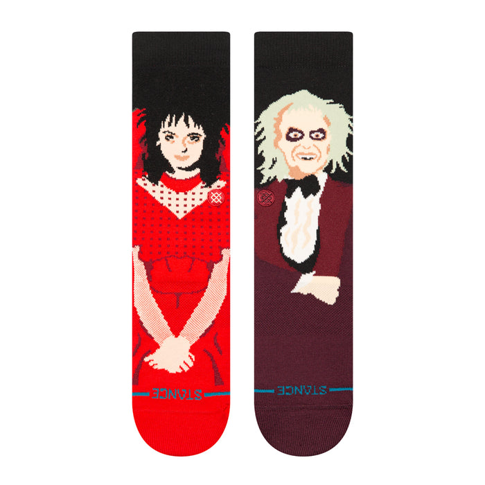 Unisex crew socks, two-pack: girl and dog portrait designs in red and maroon