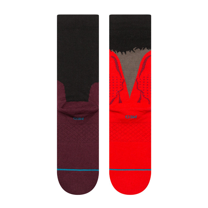 Unisex crew socks with black cuffs and contrasting red/maroon panels, teal stripe