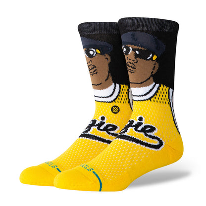 Unisex crew socks in yellow with black cuff and cartoon face graphic