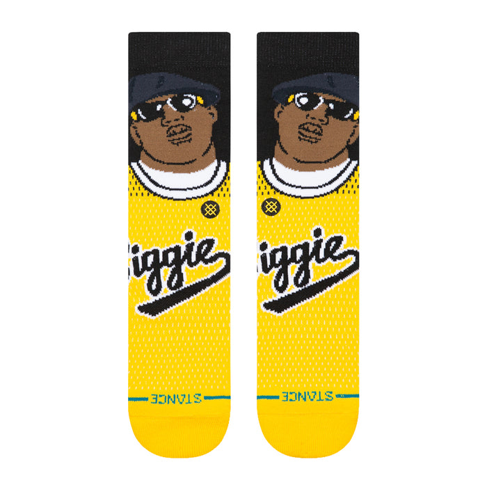Unisex crew socks, yellow with black tops and large 'Juicy' text graphic