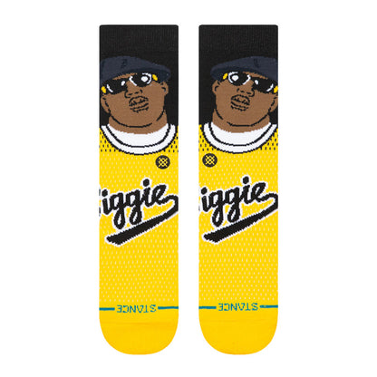 Unisex crew socks, yellow with black tops and large 'Juicy' text graphic