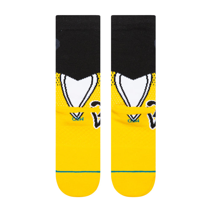 Unisex crew socks, yellow with black cuff, white collar graphic, and blue stripe