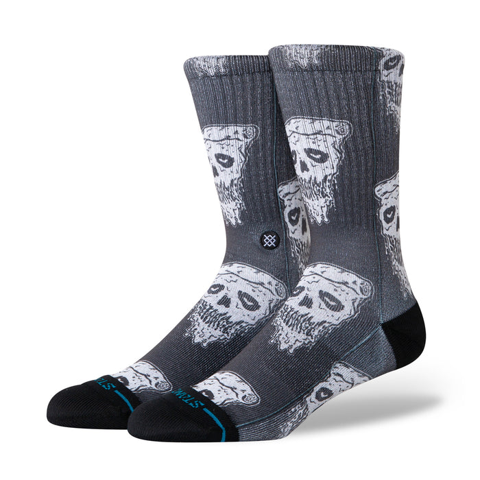 Unisex crew socks, dark gray with white pizza skull faces and black toe