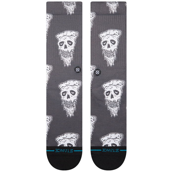 Crew socks in dark gray with repeating white pizza skull graphics and small ankle logo