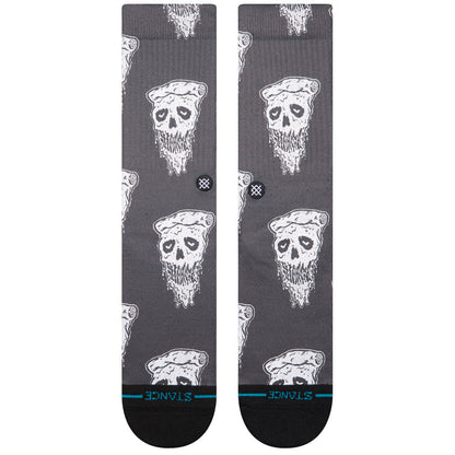 Crew socks in dark gray with repeating white pizza skull graphics and small ankle logo