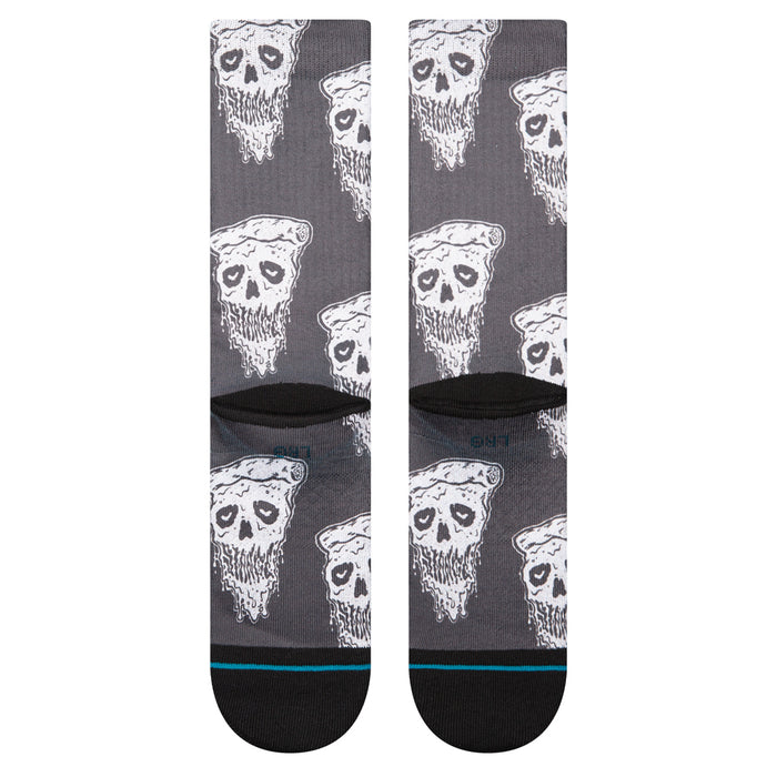 Crew socks with white pizza skull pattern on dark gray, black cuff and blue-green stripe