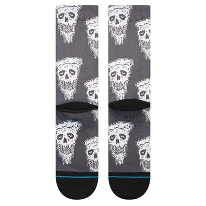 Crew socks with white pizza skull pattern on dark gray, black cuff and blue-green stripe