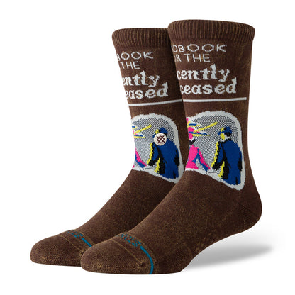 Unisex crew socks, dark brown with colorful graphic and cartoon figure