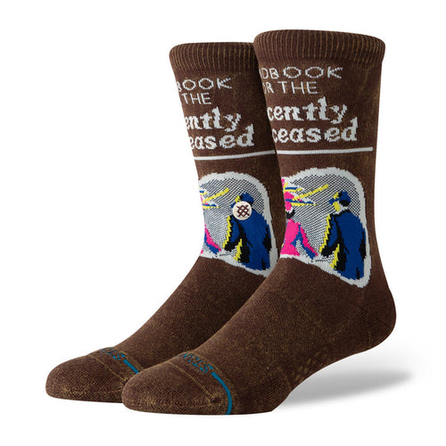 Unisex crew socks, dark brown with colorful graphic and cartoon figure