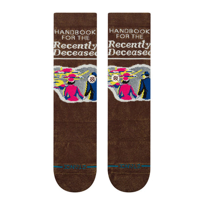 Unisex crew socks, dark brown with "Handbook for the Recently Deceased" print