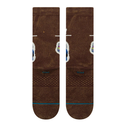 Unisex crew socks, dark brown with blue and teal trim stripe near cuff