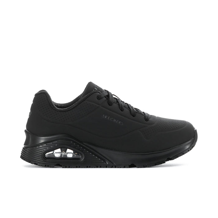 Women's black lace-up sneaker with cushioned midsole and visible air unit